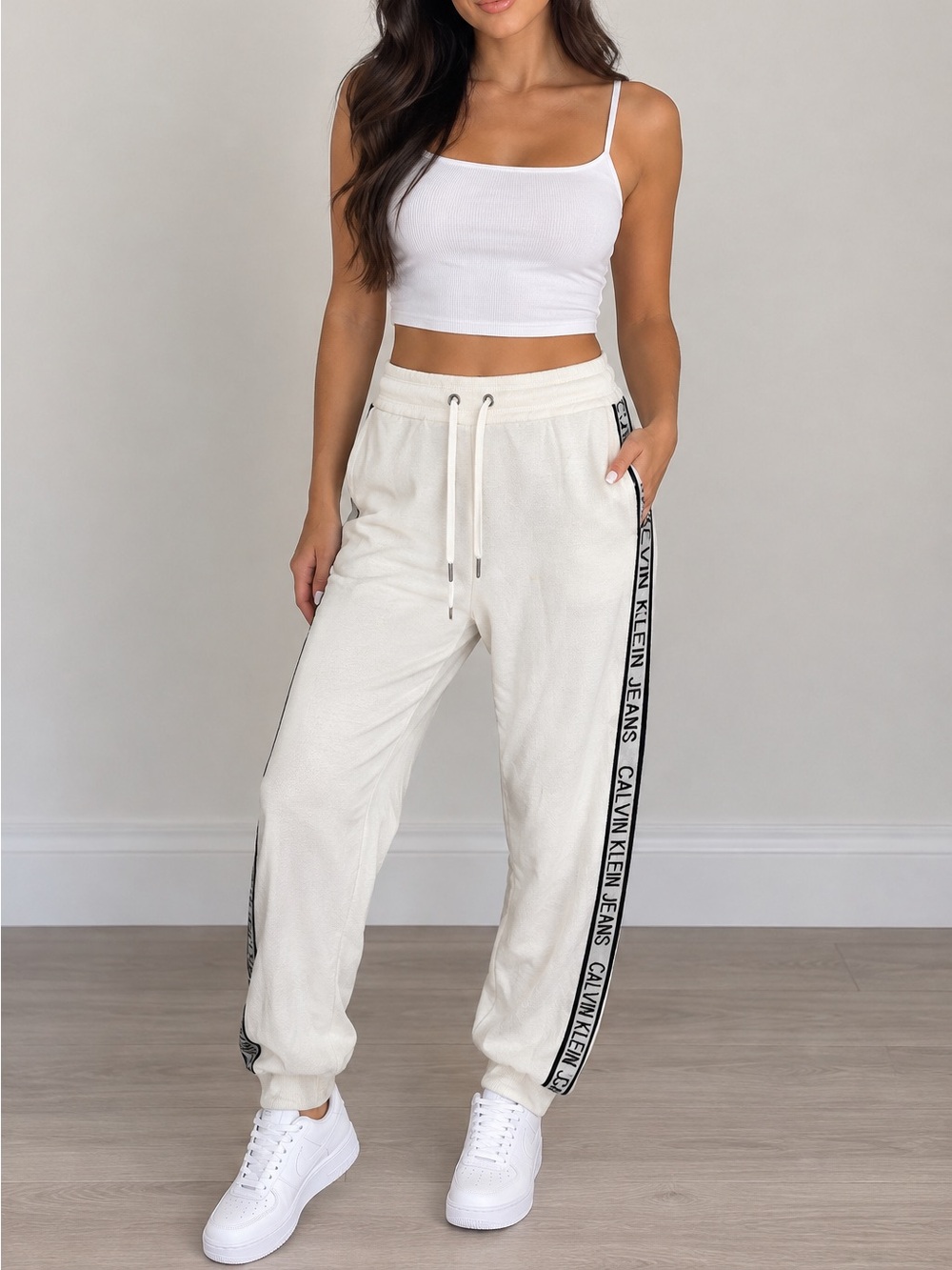 Calvin Klein Jeans Cream Jogger Pants with Black Logo Tape Size L